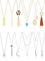 Hicarer 12 Pieces Long Pendant Necklace Set Y Tassel Leaf Circle Bar Necklace for Women (Polygon)