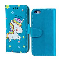 Case for iPhone 5S / SE / 5, ESSTORE Unicorn Design Premium PU Leather Flip Wallet Case with Soft TPU Inner Case, Cute Cartoon Unicorn with Charming Sparkling Glitter Star Pattern [Blue]