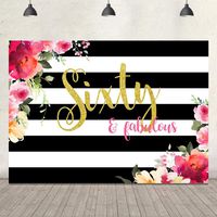 60th Birthday Backdrop for Pictures Sixty and Fabulous Flowers Stripes Background 7x5ft 60 Birthday Party Decorations Fete Date Celebration Accessories Cake Table Banner Adult Photo Video Backdrops