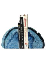 AMOYSTONE Blue Agate Bookends Small 2-3 lbs Polished Dyed Crystal Stone for Books 1 Pair with Rubber Bumpers