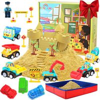 Construction Moving Sand Kit - Kenlaimi Play Sand for Kids - Construction Vehicle Playset - 2lbs Play Sand 6 Mini Construction Trucks 10 Road Signs with Foldable Sandbox Birthday Gifts for Boys Girls