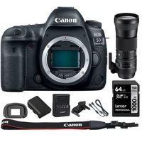 Canon EOS 5D Mark IV CMOS DSLR Camera (Body) Wi-Fi NFC 4K Video w/Bundle Includes, Sigma 150-600mm F5-6.3 DG OS HSM Zoom Lens DSLR Cameras + Lexar 64GB 1000x SDHC/SDXC Class 10 Memory Card