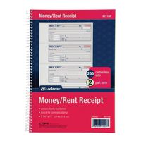 Adams Money and Rent Receipt Book, 2-Part Carbonless, 7-5/8" x 11", Spiral Bound, 200 Sets per Book, 4 Receipts per Page (SC1182)