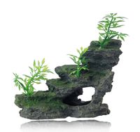 FEDOUR Aquarium Mountain View Stone Ornament, Moss Tree Rock Cave Landscape Artificial Fish Tank Decoration, with 6pcs Small Plants (Olive-Black)