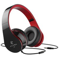 AILIHEN Wired Headphones with Microphone, Stereo Foldable Lightweight On Ear Headset for iOS Android Smartphone Cellphones Laptop Tablet PC Computer (Black Red)