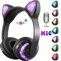 GBD Wireless Cat Ear Kids Headphones with Mic for Boys Girls Toddlers School Travel Tablet Holiday Birthday Gifts Led Glowing Earphone 85dB Volume Control On Over Ear Game Headset (Black)