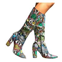 BIKETAFUWY Women's Waterproof Winter Boots, Snakeskin High Heel Booties Zip Closure Pointed Toe Mid Calf Colorful Shoes