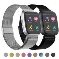 POY Compatible for Fitbit Versa Bands, Replacement for Stainless Steel Mesh Fitbit Versa Lite Bands Metal Strap with Strong Magnet Lock Wristbands for Women Men 2 Packs Silver Black Large