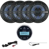 Enrock Multimedia Gauge Style Marine Grade Bluetooth Receiver, 4 x Enrock 6.5" 2- Way Coaxial Car/Boat Audio Speakers, Auxiliary Interface Mount, Radio Antenna (White)
