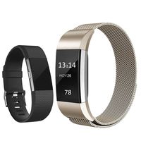 Replacement Bands Compatible for Fitbit Charge 2, Stainless Steel Metal Magnetic Strap and Extra Silicone Replacement Bands (Champagne Gold + Black Large)