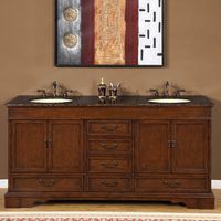 Silkroad Exclusive Baltic Brown Granite Stone Top Double Sink Bathroom Vanity Cabinet, 72",