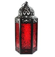 Vela Lanterns Moroccan Style Candle Lantern with LED Lights, Large, Red Glass