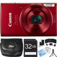 Canon PowerShot ELPH 190 is Digital Camera with 10x Optical Zoom and Wi-Fi Red Bundle with 32GB SDHC High Speed Memory Card, Point and Shoot Field Bag, Table-top Tripod and Accessories (5 Items)
