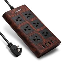 9.8ft 15A Extension Cord Surge Protector Power Strip SUPERDANNY Flat Plug with Fastening Cable Tie 6-Outlet 4 USB Fast Charging, Adjustable Voltage for iPhone iPad Home Office Dark Wood Grain
