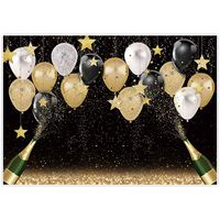 Allenjoy 7x5ft Fabric Black Golden Backdrops Party Decorations Happy Birthday Banner Favors Balloon Glitter Stars Champagne Bachelorette Party Background Supplies Baby Bridal Shower Photo Studio Props