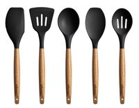 Miusco Silicone Cooking Utensils Set with Natural Acacia Hard Wood Handle, Black, 5 Piece