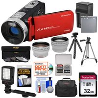 Bell & Howell Fun Flix DV50HD 1080p HD Video Camera Camcorder (Red) + 32GB + Battery + Charger + Case + Tripod + LED + Filters + Tele/Wide Lens Kit