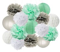 Baby Shower Decorations Furuix 15pcs Mint Grey White Party Decoration Kit Tissue Paper Pom Pom Honeycomb Ball for Bridal Shower Birthday Party Decoratios (Mint Grey White)