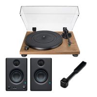 Audio-Technica AT-LPW40WN Turntable (Walnut) Bundle with Eris 3.5" Studio Monitors (Pair) and Knox Gear Brush (3 Items)