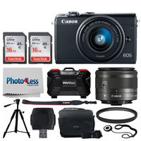 Canon EOS M100 Mirrorless Digital Camera (Black) + EF-M 15-45mm f/3.5-6.3 is STM Lens (Graphite) + 32GB Memory Card + 49mm UV Filter + Quality Tripod + Memory Card Holder (24 Slots) + Cleaning Cloth