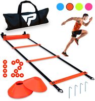 Pro Agility Ladder and Cones - 15 ft Fixed-Rung Speed Ladder with 12 Disc Cones for Soccer, Football, Sports, Exercise, Workout, Footwork Training - Includes 4 Stakes and Heavy Duty Carry Bag (Orange)