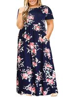 Nemidor Women Short Sleeve Loose Plain Casual Plus Size Long Maxi Dress with Pockets (143+NavyPrint, 24W)