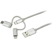 StarTech.com USB Multi Charging Cable - 3.3 ft / 1m - Lightning / USB-C / Micro-USB - Braided - MFi Certified - USB 2.0 - 3 in 1 Charging (LTCUB1MGR)