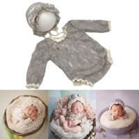 Baby Photography Props Lace Hats Rompers Newborn Girl Photo Shoot Outfits Hat Set Infant Princess Costume (Gray)