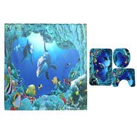 Ultra Soft Indoor Modern Floor Carpet Anti-Slip Provides Protection Underwater World Pattern Bathroom Shower Curtain Pedestal Rug Lid Toilet Cover Bath Mat Set 3#
