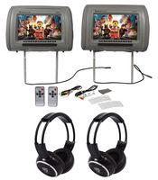 Pair Rockville RHP91-GR v2 9 Grey Car Headrest Monitors w/Speakers+Headphones