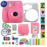 K&M Fujifilm instax Mini 9 Instant Camera Flamingo Pink + 30 Fresh Exposures + Silicone Cover + Instax Accessories Bundle | 16pc Accessory Includes: Album, Lenses, Stickers, and More!
