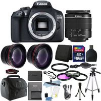Canon EOS 1300D 18MP Digital SLR Camera (Black) + 18-55mm lens + 58mm 3pc Filter Kit + UV Filter + Telephoto & Wide Angle Lens + 16GB Memory Card + Wallet + Card Reader + Lens Pen + Hand Grip + Gadget Bag + Cleaning Kit + Tall Tripod + Small Tripod