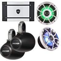 Wet Sounds Tower Package: HT-2 Amp, XS-650-S-RGB LED 6.5" 100 Watt RMS Speakers with Kicker KMTES Black Enclosures