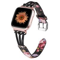 TOYOUTHS Leather Strap Compatible with Fitbit Versa/Versa 2/Versa Lite Bands for Women Men Slim Genuine Leather Replacement Versa Special Edition Wristband Accessory Handmade Black/Pink Floral Patten