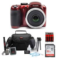 KODAK PIXPRO AZ252 Astro Zoom Digital Camera (Red) with 32GB Card, Case, Accessory kit, and Rechargeable Batteries