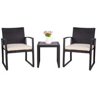 SUNLEI Outdoor 3-Piece Bistro Set Black Wicker Furniture-Two Chairs with Glass Coffee Table (Beige Cushion)