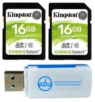 Kingston 16GB SD Memory Card (2 Pack Bundle) Canvas Select SDHC Card Class 10 UHS-1 (SDS/16GB) Plus (1) Everything But Stromboli (TM) SD & Micro Card Reader