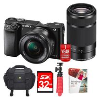 Sony Alpha a6000 Mirrorless Camera ( 16-50mm & 55-210mm) Power Lenses (ILCE6000Y/B) + 1 Year Extended Warranty with 32GB Deluxe Bundle