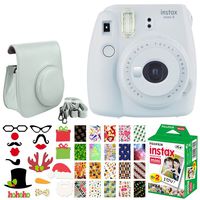 Fujifilm instax Mini 9 Instant Film Camera (Smokey White) + Fujifilm Instax Mini Twin Pack Instant (20 Shots) + Case with Closure + Photo Booth Props + 20 Stickers Frames Holiday Package - Top Bundle