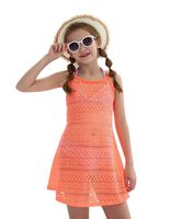 LEINASEN Kids Girl's Beach Crochet Mesh Crossback Swim Cover Up Dress Orange