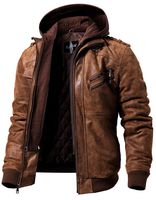 FLAVOR Men's Leather Motorcycle Jacket with Removable Hood Brown Pigskin (Medium Tall, Brown)