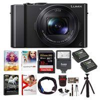 Panasonic LUMIX LX10 4K Digital Camera with 24-72mm Lens (Black), Corel Software Kit, 32GB SD Card, Two Wasabi Power Batteries, Flash, 12" Tripod, Cable and Accessory Bundle (13 Items)