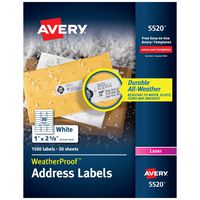 Avery WeatherProof Address Labels with TrueBlock Technology for Laser Printers 1" x 2-5/8", Box of 1,500 (5520), White