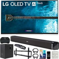LG OLED65E9PUA 65-inch E9 4K HDR OLED Glass Smart TV with AI ThinQ (2019) Bundle with Deco Gear 60W Soundbar with Subwoofer, Wall Mount Kit, Deco Gear Wireless Keyboard and 6-Outlet Surge Adapter