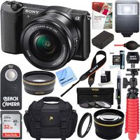 Sony Alpha a5100 HD 1080p Mirrorless Digital Camera Black + 16-50mm Lens Kit + 32GB Accessory Bundle + DSLR Photo Bag + Extra Battery + Wide Angle Lens + 2x Telephoto Lens + Flash + Remote + Tripod