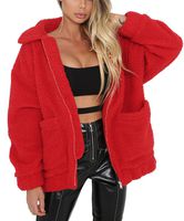 PRETTYGARDEN Women's Fashion Long Sleeve Lapel Zip Up Faux Shearling Shaggy Oversized Coat Jacket with Pockets Warm Winter (Red, Large)