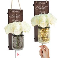 TJ.MOREE Rustic Wall Sconce - Mason Jar Wall Sconce, Rustic Home Decor with Pull Chain Switch, Silk Hydrangea and LED Strip Lights Design for Home Decoration (Set of 2)