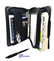 Padfolio 3-Ring Binders, Folder File Divider Organizer Planner Trave Briefcase Portfolio w/Smart Handle & Double Zippered Closure (Upgraded-Faux Leather (Black)-DC3063)