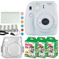 Fujifilm Instax Mini 9 Instant Camera (Smokey White) + Fujifilm Instax Mini Twin Pack Instant Film (60 Exposures) + Glitter Case + Scrapbook Album + 6 Colored Lens Filters + Neck Strap - Full Bundle