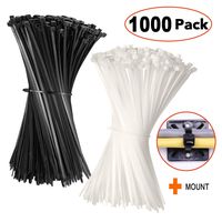 Cable zip ties 8 Inch -[ BULK 1000 PACK ]- Nylon wire ties Adjustable Durable Self locking 50 LB for Electronics Organization,Small Tie wraps Black White,Free Cable Mount